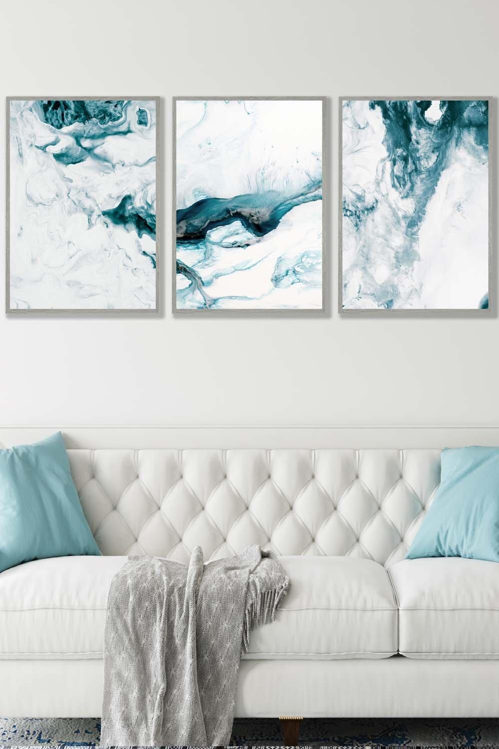 Teal Blue Abstract Ocean Waves Framed Wall Art - Large
